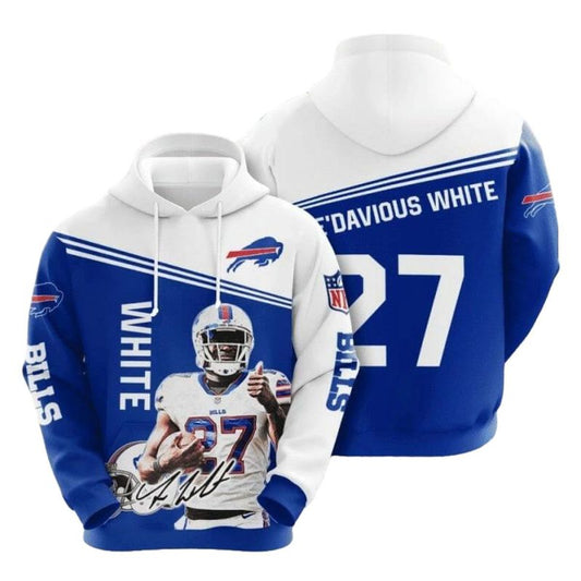 Buffalo Bills Tredavious White 27 Blue White AOP Hoodie -  Moonbestprint