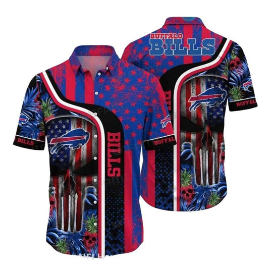 Buffalo Bills Tropical American Flag And Skull Hawaiian Shirt - Moonbestprint