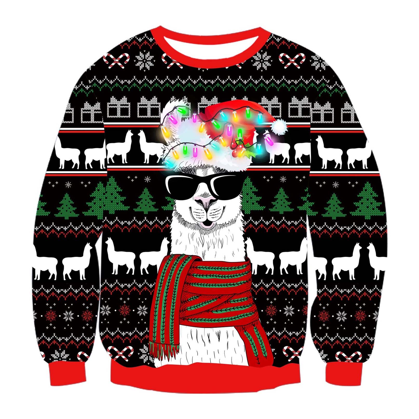 Bulbs Llama With Glasses Print Crew Neck Ugly Christmas Sweatshirt - Moonbestprint