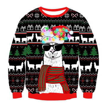 Bulbs Llama With Glasses Print Crew Neck Ugly Christmas Sweatshirt - Moonbestprint