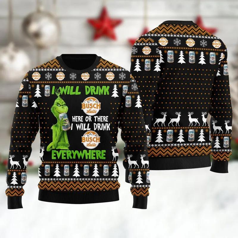 Busch Latte Grinch Will Drink Everywhere Ugly Sweater, Grinch Holiday Sweater Moonbestprint