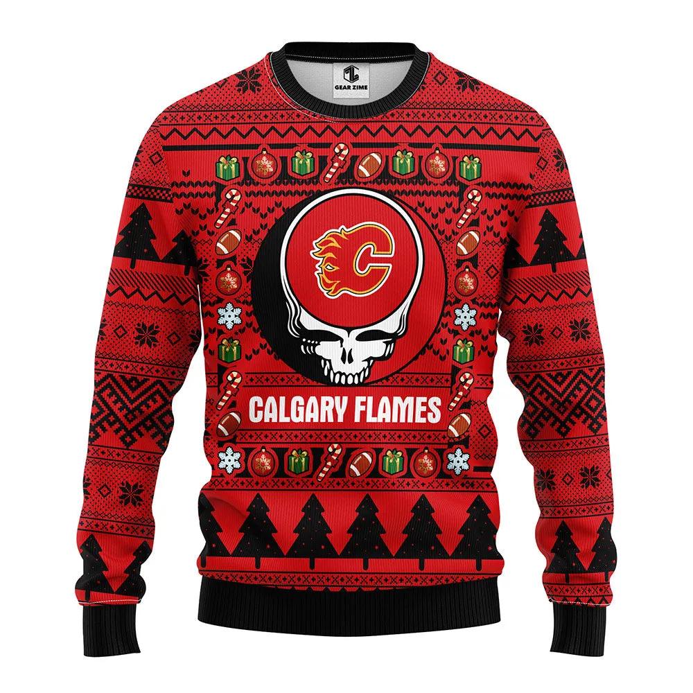 Calgary Flames Grateful Dead Ugly Christmas Sweater, NHL Christmas Sweater Moonbestprint