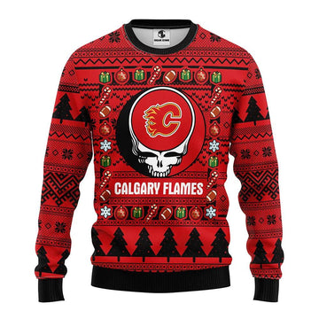 Calgary Flames Grateful Dead Ugly Christmas Sweater, NHL Christmas Sweater Moonbestprint