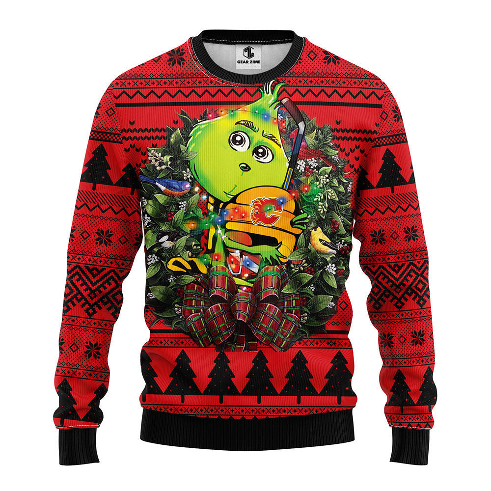 Calgary Flames Grinch Hug Ugly Christmas Sweater, Grinch Xmas Sweater Moonbestprint