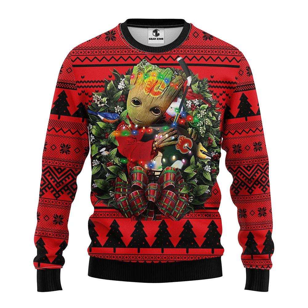 Calgary Flames Groot Hug Ugly Christmas Sweater, NHL Christmas Sweater Moonbestprint
