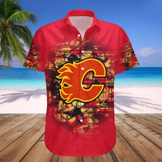 Calgary Flames Hawaiian Shirt Camouflage Vintage - NHL, NHL Hawaiian Shirt Moonbestprint