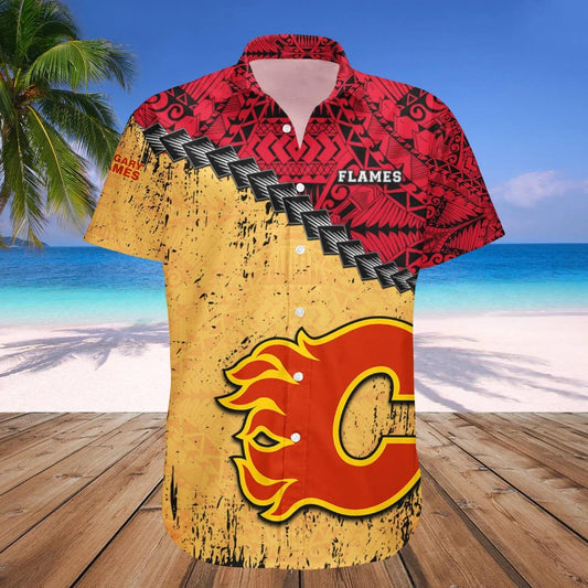 Calgary Flames Hawaiian Shirt Grunge Polynesian Tattoo - NHL, NHL Hawaiian Shirt Moonbestprint