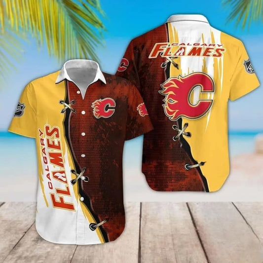 Calgary Flames Red And Yellow Pattern Hawaiian Shirt, NHL Hawaiian Shirt Moonbestprint