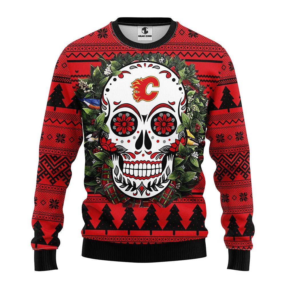 Calgary Flames Skull Flower Ugly Christmas Sweater, NHL Christmas Sweater Moonbestprint