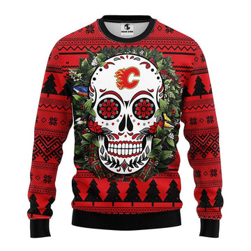 Calgary Flames Skull Flower Ugly Christmas Sweater, NHL Christmas Sweater Moonbestprint