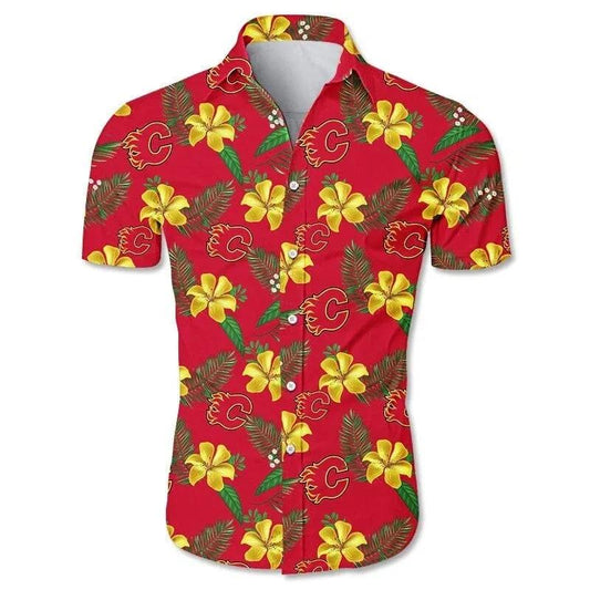 Calgary Flames Tropical Flower Hawaiian Shirt, NHL Hawaiian Shirt Moonbestprint