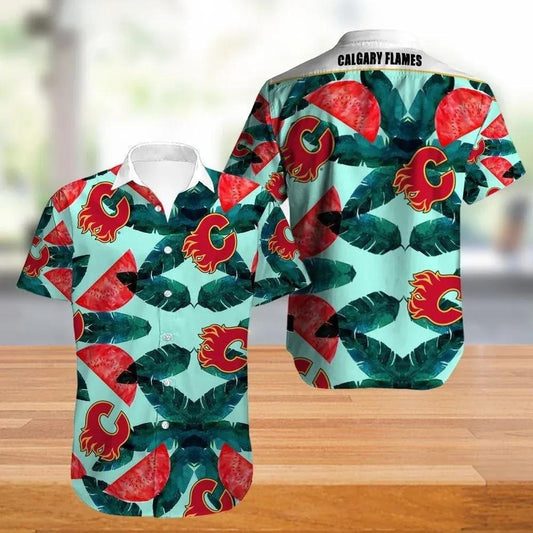 Calgary Flames Tropical Flowers Hawaiian Shirt, NHL Hawaiian Shirt Moonbestprint