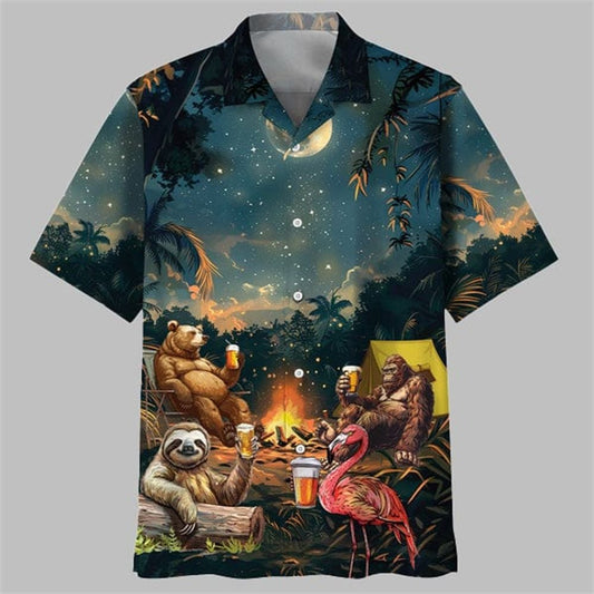 Camping Bigfoot Bear Sloth Flamingo Hawaiian Shirt - Moonbestprint