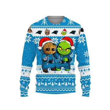 Carolina Panthers Baby Groot And Grinch Best Friends Ugly Christmas Sweater, NFL Christmas Sweater Moonbestprint