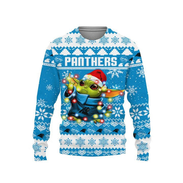 Carolina Panthers Baby Yoda Star Wars Ugly Christmas Sweater, NFL Christmas Sweater Moonbestprint