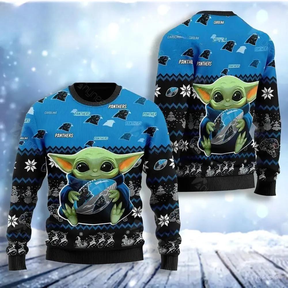 Carolina Panthers Baby Yoda Ugly Christmas Sweater, NFL Christmas Sweater Moonbestprint
