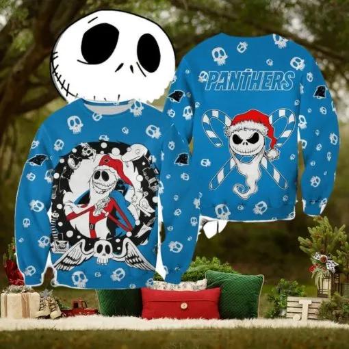 Carolina Panthers Christmas Jack Skellington Ugly Christmas Sweater, NFL Chritsmas Sweater Moonbestprint