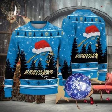 Carolina Panthers Logo Golden Fans Santa Hat Tree Ugly Christmas Sweater, NFL Chritsmas Sweater Moonbestprint