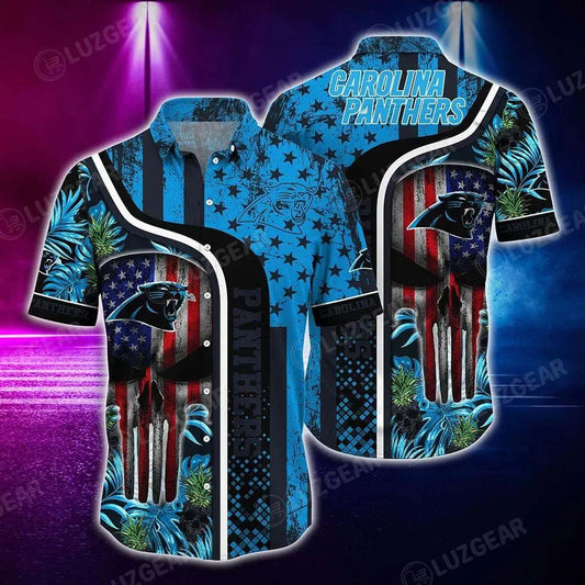 Carolina Panthers Nfl Hawaiian Shirt Graphic Tropical Pattern Skull Punisher 3D Printed Best Gift For Fans, NFL Hawaiian Shirt Moonbestprint