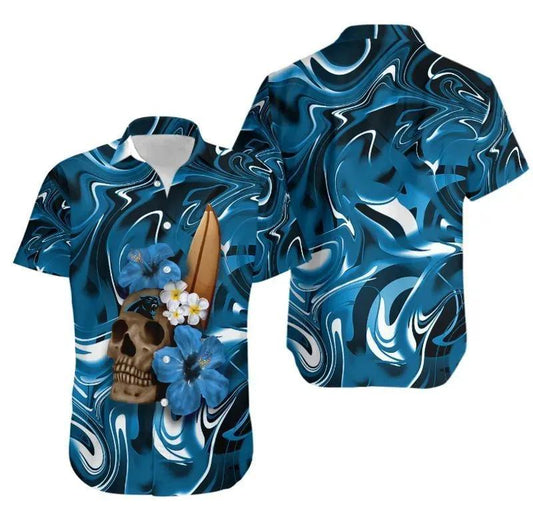 Carolina Panthers Skull And Hibiscus Flower Nfl Gift For Fan Hawaii Shirt Summer Collection, NFL Hawaiian Shirt Moonbestprint