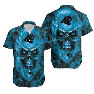 Carolina Panthers Steelers Nfl Fan Skull Hawaiian Shirt Print Short Sleeve Hawaiian Aloha Shirt, NFL Hawaiian Shirt Moonbestprint