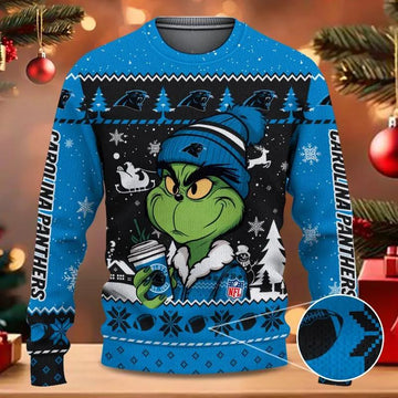 Carolina Panthers The Grinch Drink Coffee Ugly Christmas Sweater, NFL Christmas Sweater Moonbestprint