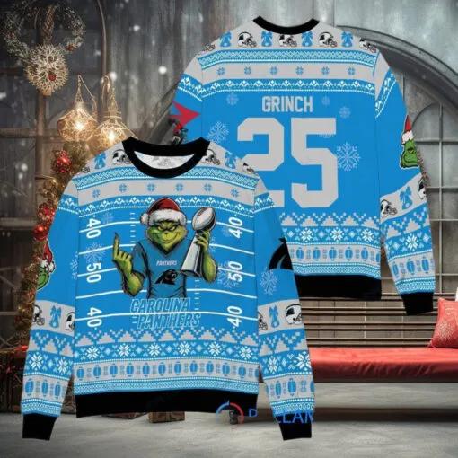 Carolina Panthers x Grinch Christmas Dr. Seuss How the Grinch Stole Christmas with Super Bowl Trophy Custom Ugly Christmas Sweater, NFL Chritsmas Sweater Moonbestprint