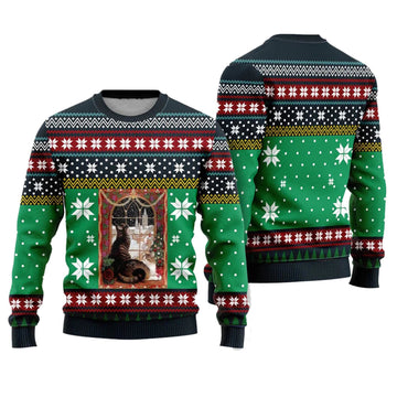 Cat Christmas Snow Window Ugly Christmas Sweater - Moonbestprint
