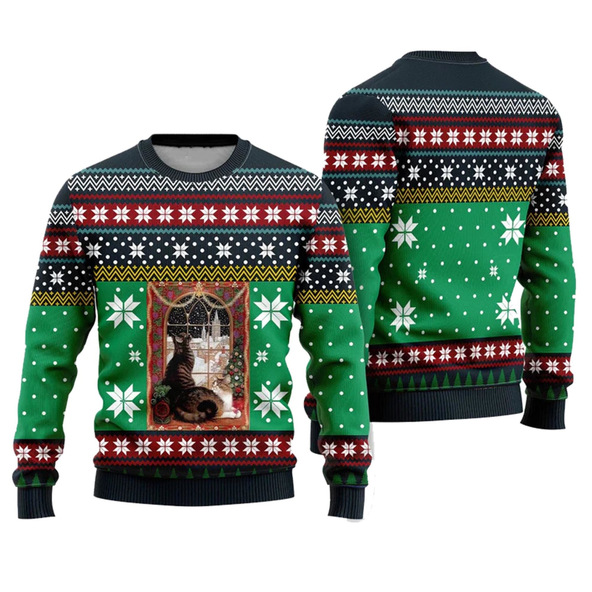 Cat Christmas Snow Window Ugly Christmas Sweater - Moonbestprint