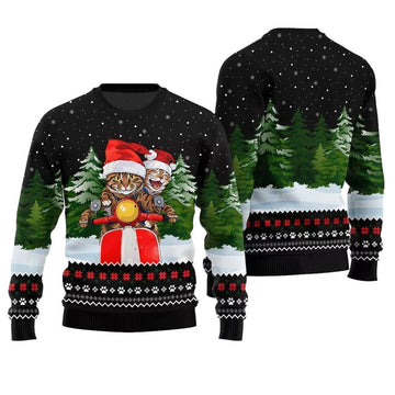 Cat Riding Motorcycle Ugly Christmas Sweater - Moonbestprint