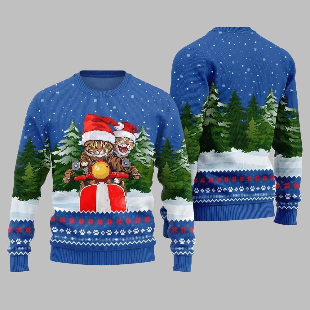 Cat Riding Motorcycle Ugly Sweater 2026 Christmas - Moonbestprint