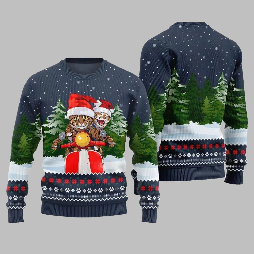 Cat Riding Motorcycle Ugly Sweater 2026 Christmas - Moonbestprint