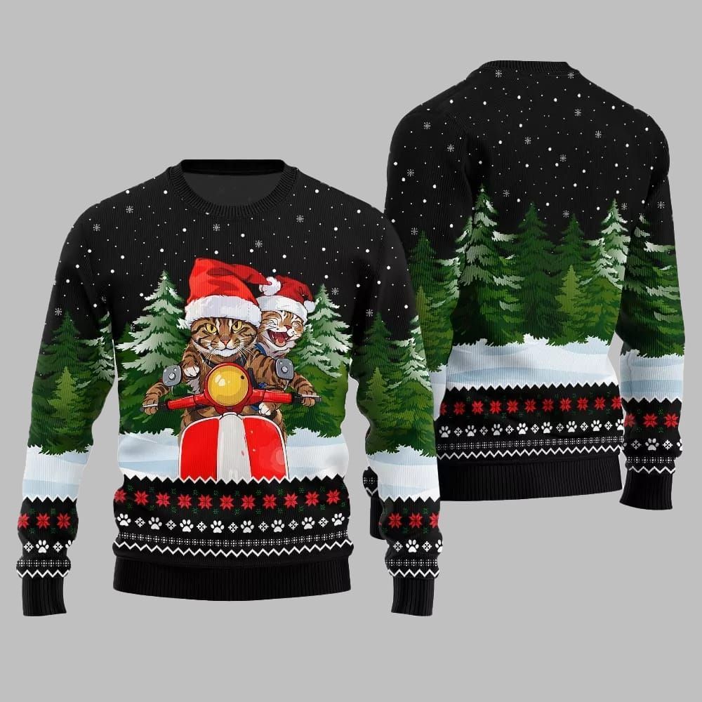 Cat Riding Motorcycle Ugly Sweater 2026 Christmas - Moonbestprint