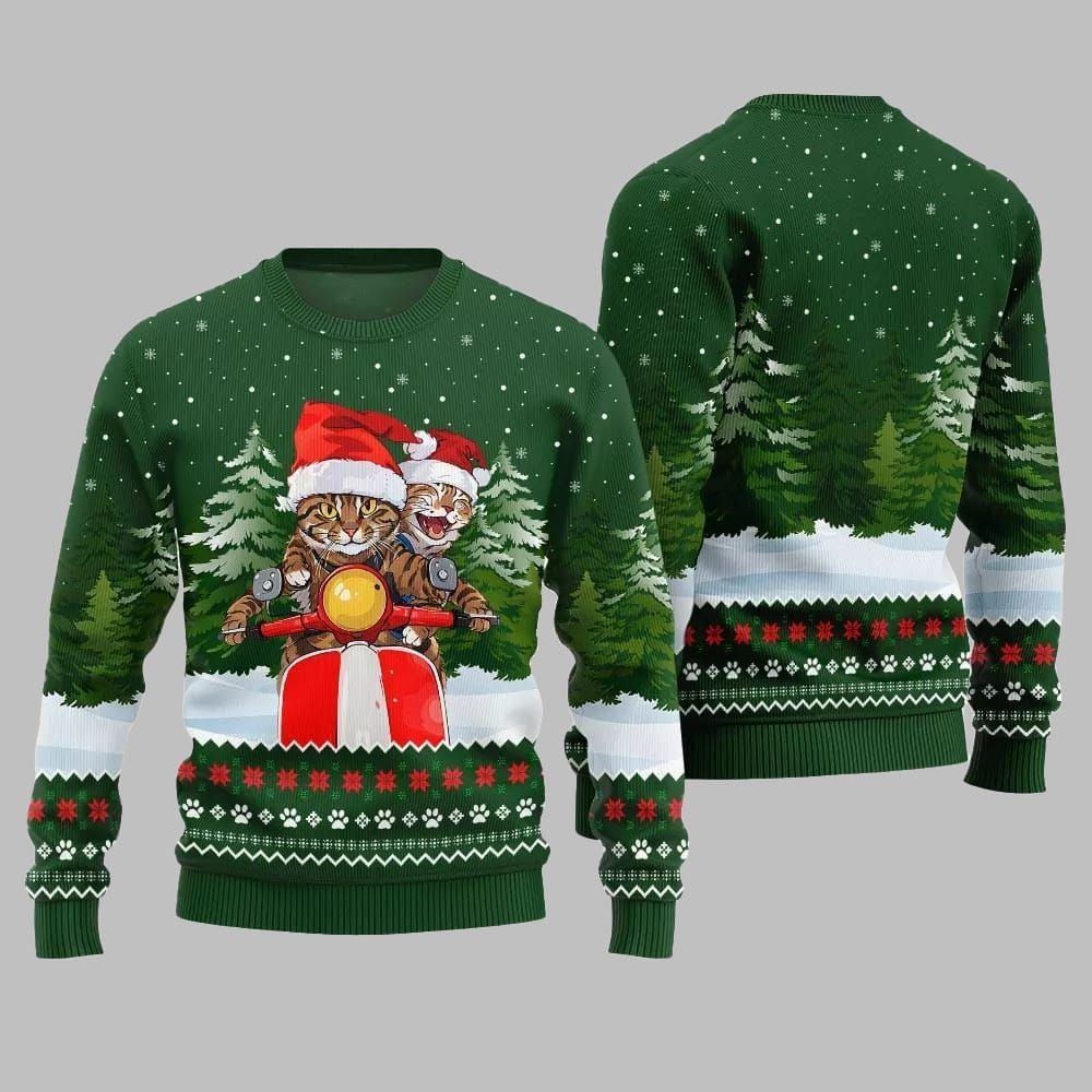 Cat Riding Motorcycle Ugly Sweater 2026 Christmas - Moonbestprint