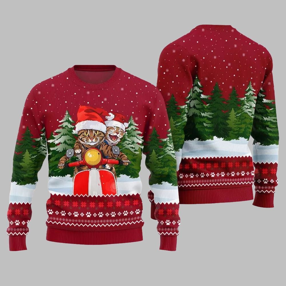 Cat Riding Motorcycle Ugly Sweater 2026 Christmas - Moonbestprint