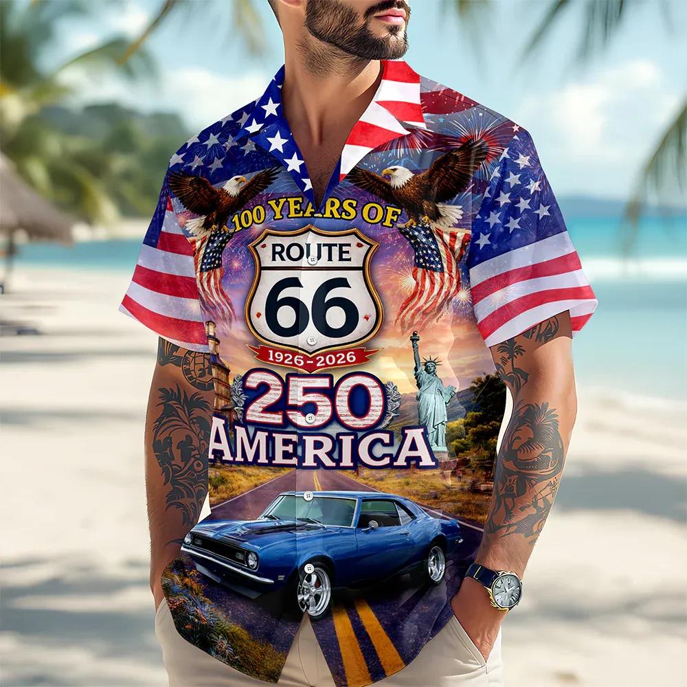 Celebrate 100 Years of Road Route 66 and America 250th Anniversary Custom Car Photo Hawaiian Shirt, 250th Anniversary Gift Moonbestprint