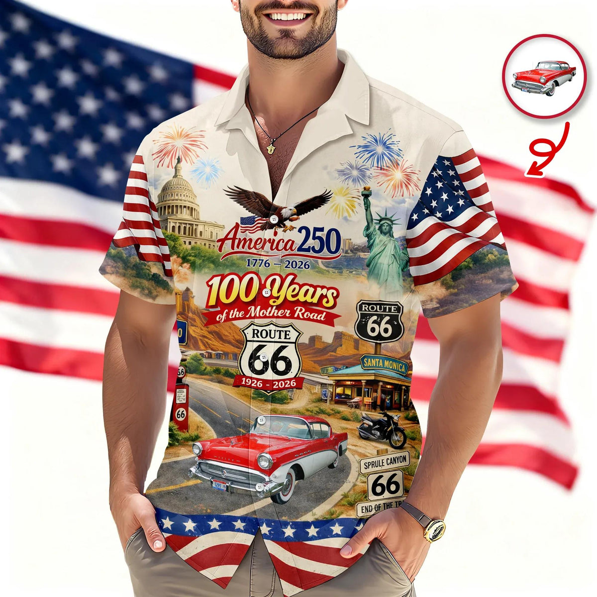 Celebrate 100 Years of Road Route 66 and America 250th Anniversary Custom Car Photo Hawaiian Shirt 2, 250th Anniversary Gift Moonbestprint