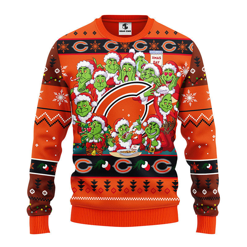 Chicago Bears 12 Grinch Xmas Day Ugly Christmas Sweater, Grinch Xmas Sweater Moonbestprint