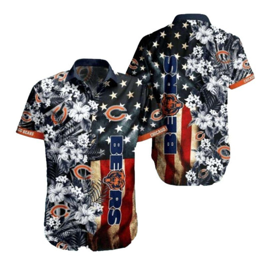 Chicago Bears American Flag And Floral Hawaiian Shirt - Moonbestprint