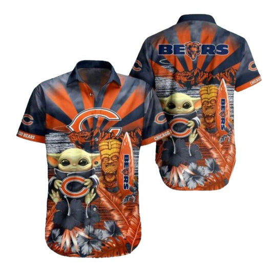 Chicago Bears And Baby Yoda With Sunset And Tiki Graphics Hawaiian Shirt - Moonbestprint