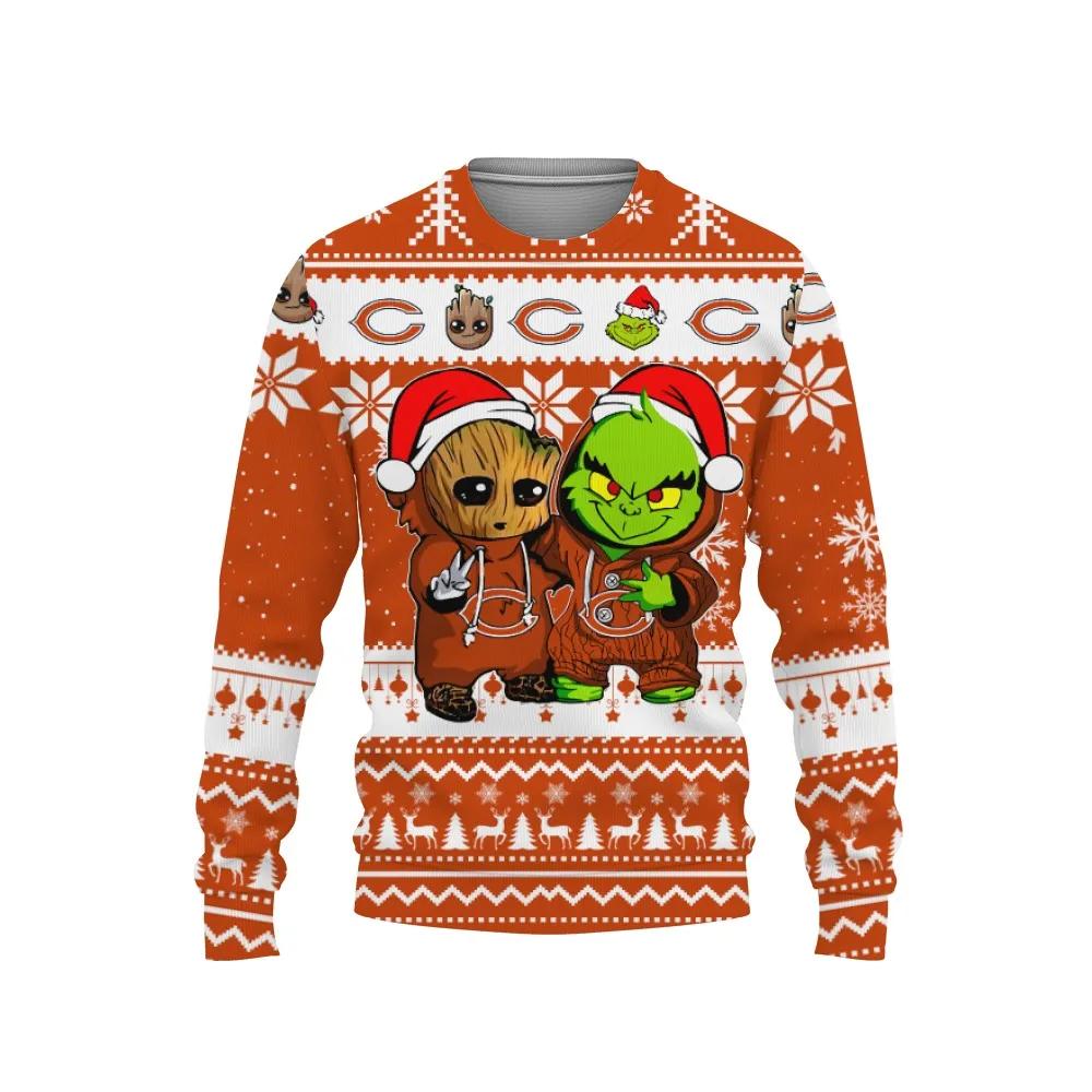 Chicago Bears Baby Groot And Grinch Best Friends Ugly Christmas Sweater, NFL Christmas Sweater Moonbestprint