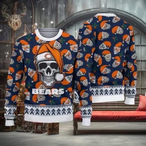 Chicago Bears Fans Skull Outwear Ugly Christmas Sweater, NFL Chritsmas Sweater Moonbestprint