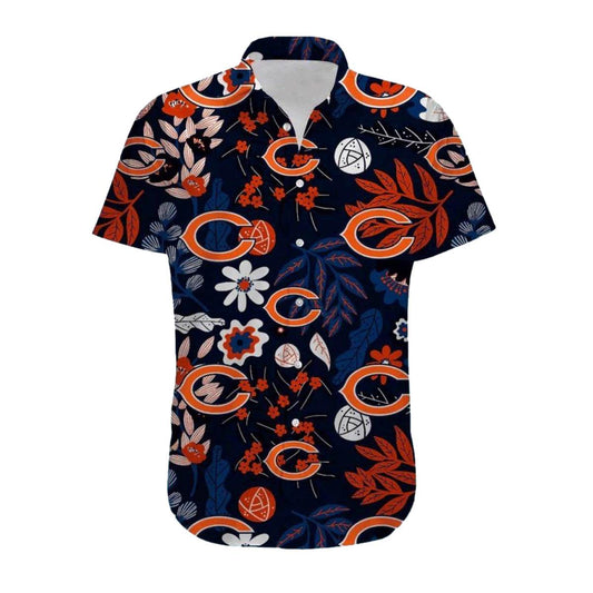 Chicago Bears Logo And Floral And Retro Art Pattern Hawaiian Shirt - Moonbestprint