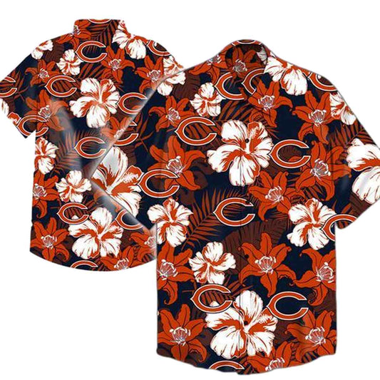 Chicago Bears Logo And Hibiscus Orange Hawaiian Shirt - Moonbestprint