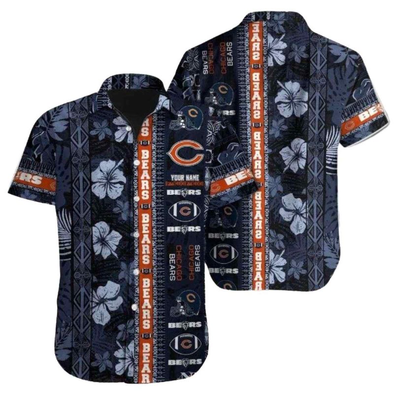 Chicago Bears Logo In My Heart Navy Hibiscus Hawaiian Shirt - Moonbestprint