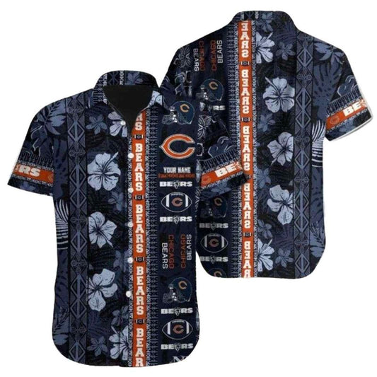 Chicago Bears Logo In My Heart Navy Hibiscus Hawaiian Shirt - Moonbestprint