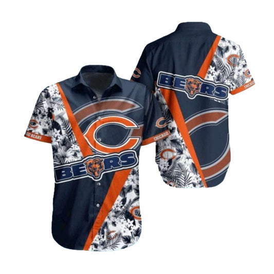 Chicago Bears Logo With Bold Stripe And Floral Mix Hawaiian Shirt - Moonbestprint