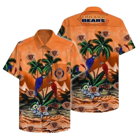 Chicago Bears Logo With Parrots And Tropical Island Hawaiian Shirt - Moonbestprint