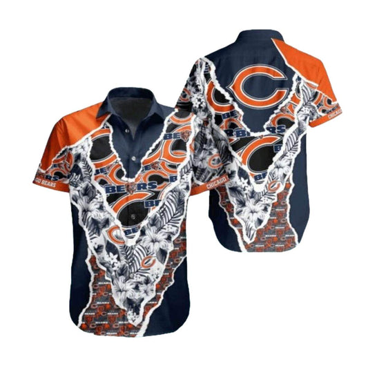Chicago Bears Logo With Ripped Effect And Floral Hawaiian Shirt - Moonbestprint