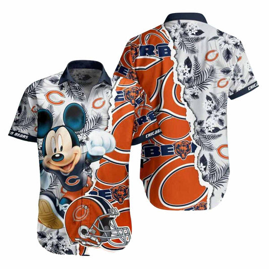 Chicago Bears Mickey Mouse And Helmet Logo Floral Hawaiian Shirt - Moonbestprint